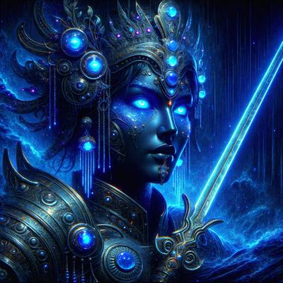 The primary subject of the image is a woman with blue eyes, wearing a crown and holding a sword. She appears to be a fantasy or mythical character. The setting is a dark, blue-lit environment, which adds to the overall mood of the image. The visual style is a digital art or illustration, showcasing the woman's features and the sword she is holding.